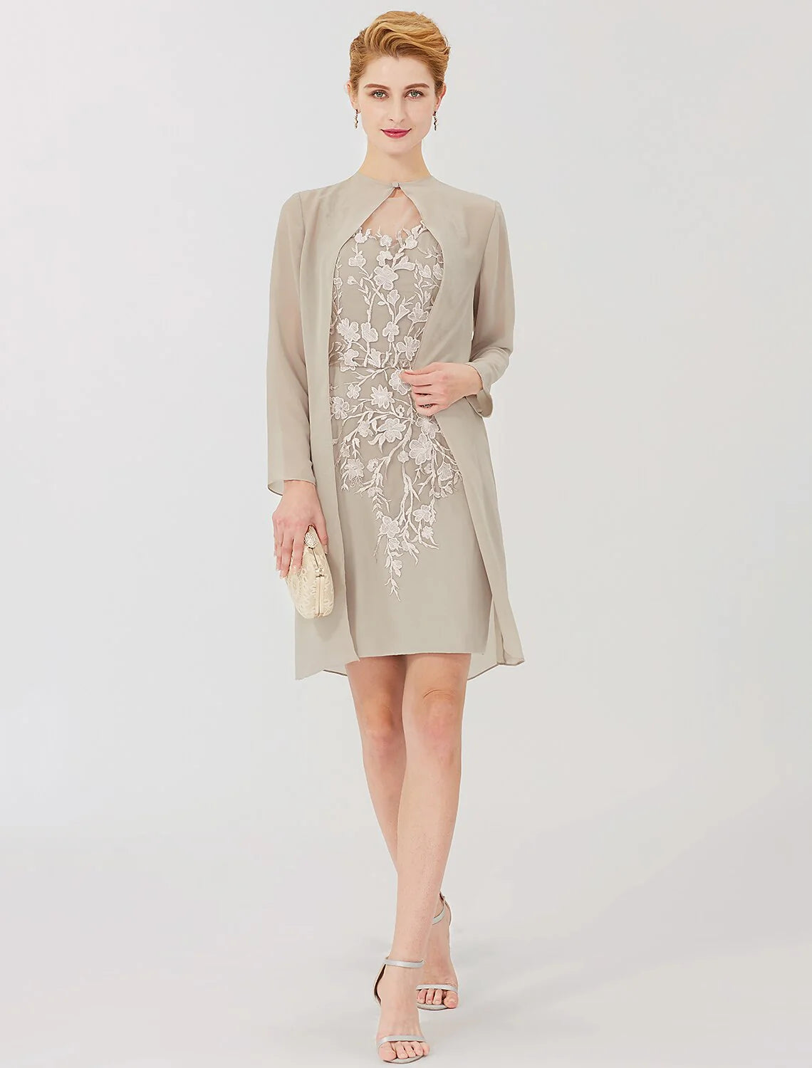 Luolandi Sheath / Column Mother of the Bride Dress Formal Classic & Timeless Elegant & Luxurious Convertible Dress Illusion Neck Knee Length Chiffon All Over Lace Long Sleeve with Appliques Beautiful