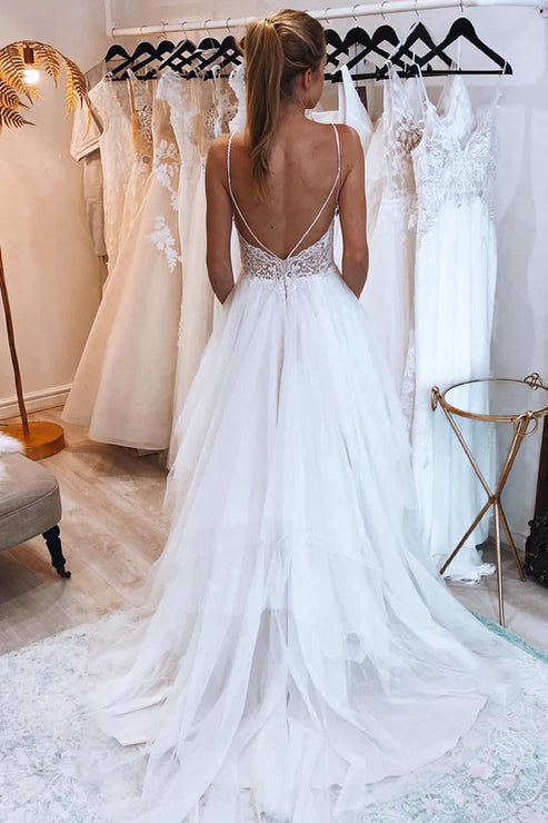 Luolandi Ivory A-Line Backless Tulle Long Wedding Dress with Appliques V-neck Sexy