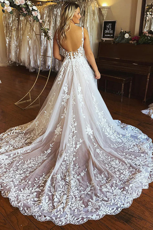 Luolandi Elegant A-Line V-Neck Backless Lace Long Wedding Dress Beautiful Bridal Gown