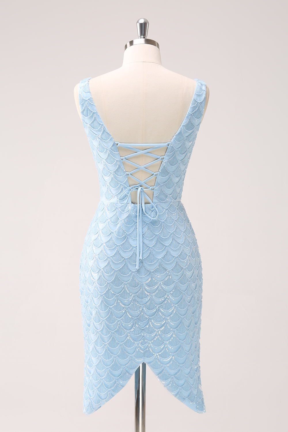 Luolandi Sparkly Blue V-Neck Sequins Tight Fish Scale Homecoming Dress with Lace Up Back Sexy Party Dress