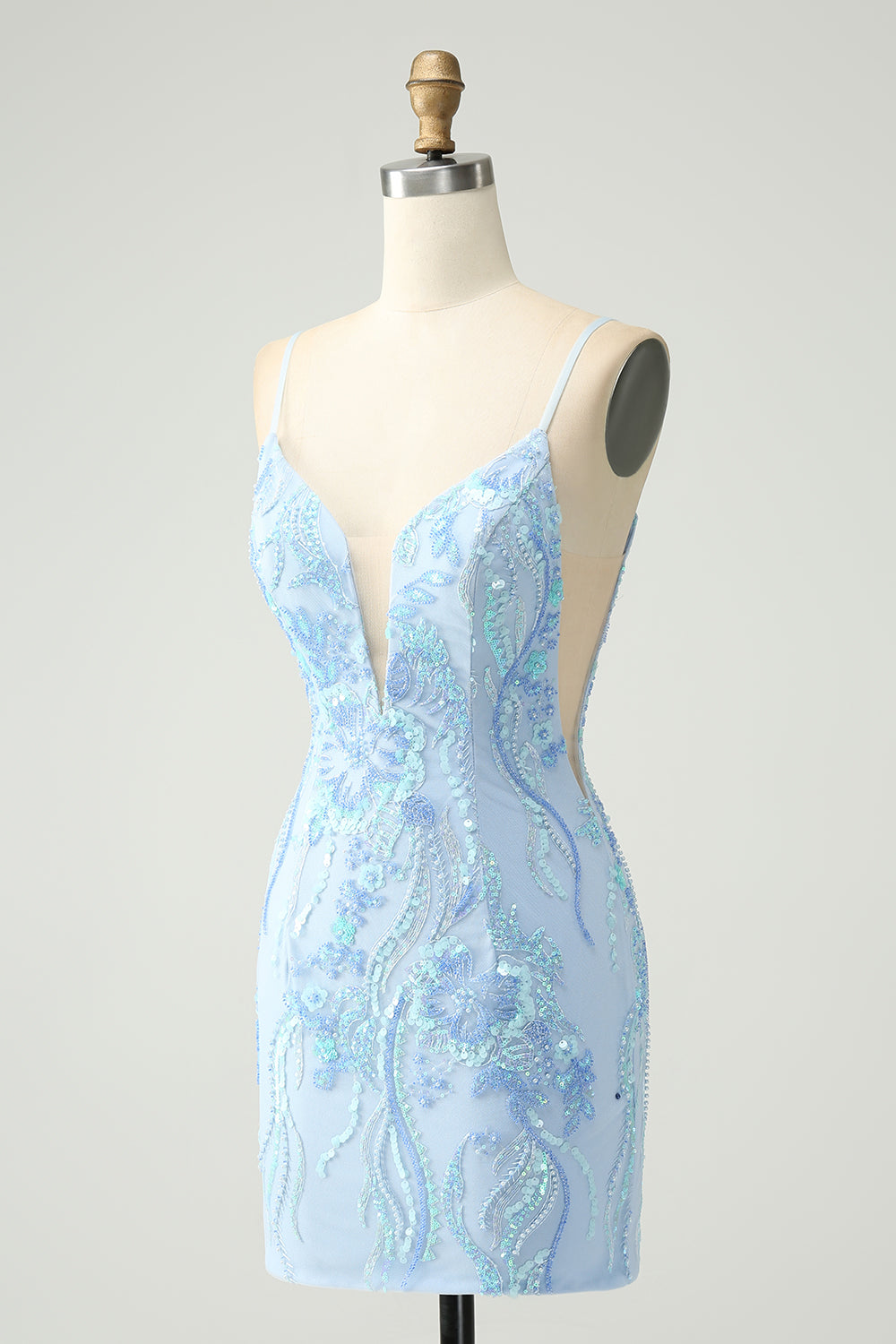 Luolandi Light Blue Spaghetti Straps Short Tight Homecoming Dress with Sequins Sexy Party Dress