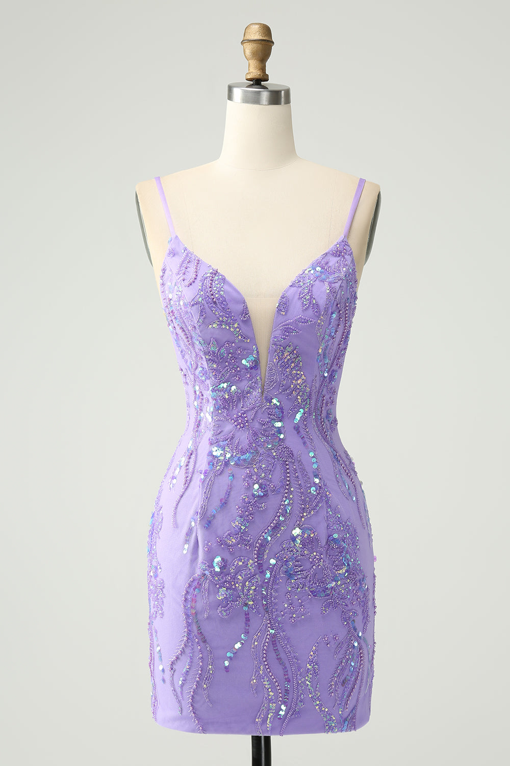 Luolandi Sparkly Purple Tight Spaghetti Straps Short Homecoming Dress with Sequins Party Dress