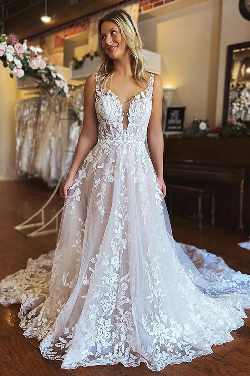 Luolandi Elegant A-Line V-Neck Backless Lace Long Wedding Dress Beautiful Bridal Gown