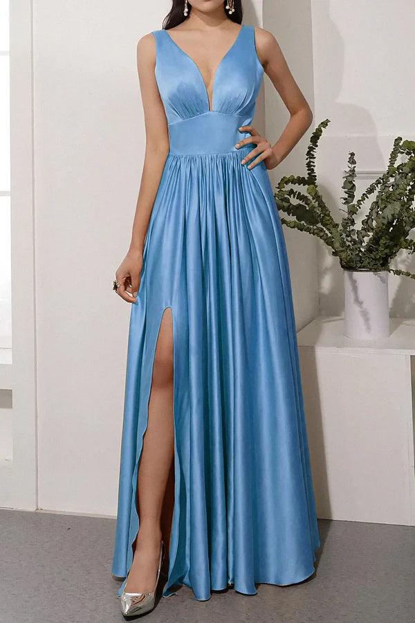 Luolandi Off shoulder satin backless and floor length front slit prom dress Sexy Evening Dress