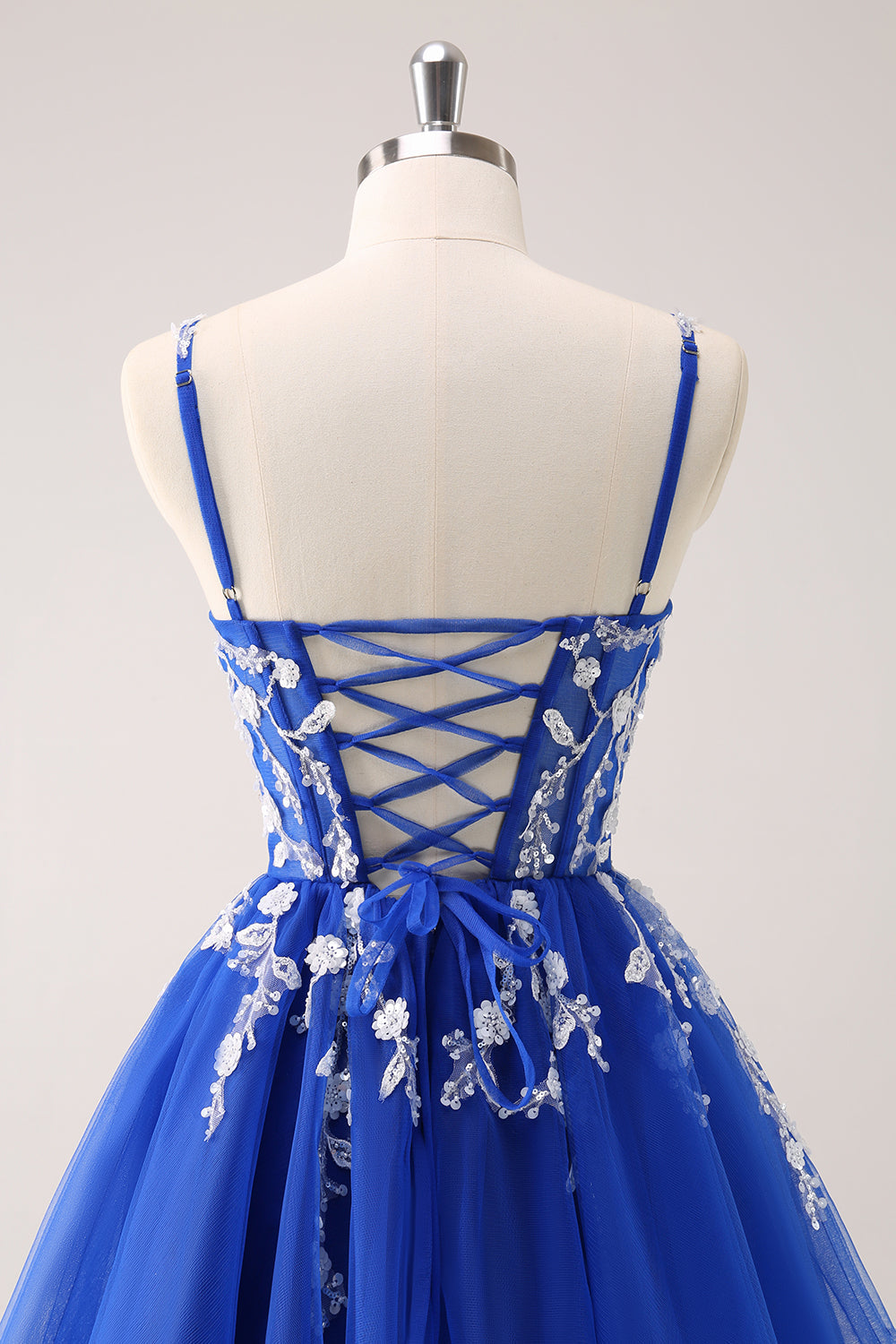 Luolandi Royal Blue A Line Spaghetti Straps Tulle Corset Sequins Homecoming Dress with Appliques Short