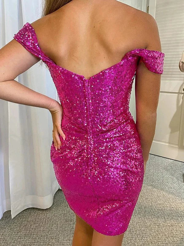 Luolandi Tight Sequin Pleated Off Shoulder Sleeveless Short Homecoming Dress Sparkly Graduation Dress