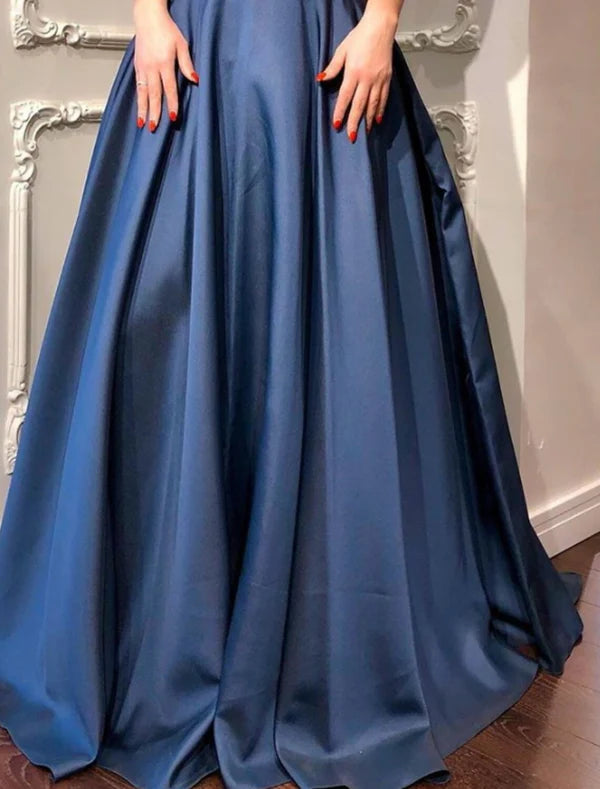 Luolandi A-Line Minimalist Elegant Engagement Prom Dress V Neck Short Sleeve Sweep / Brush Train Satin with Pleats Evening Dress