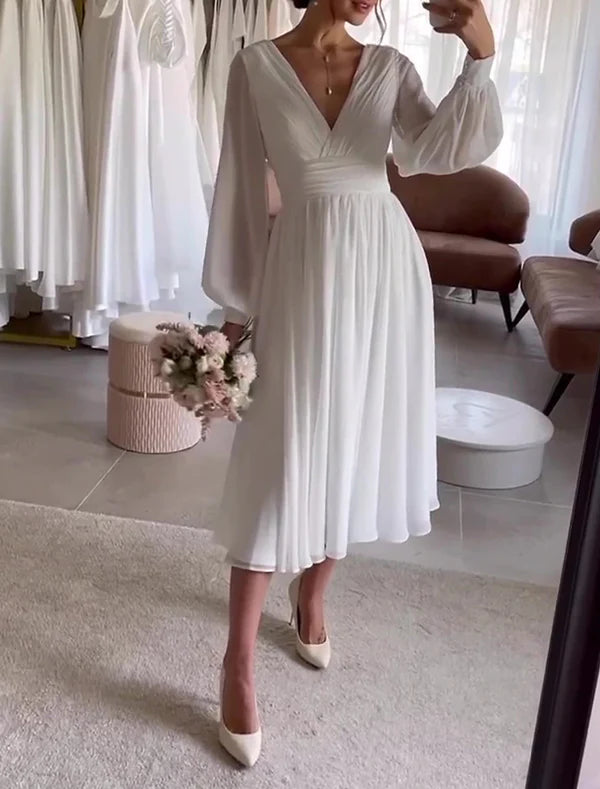 Luolandi Simple Wedding Dresses Knee Length Satin Bridal Gowns V-neck Long Sleeve