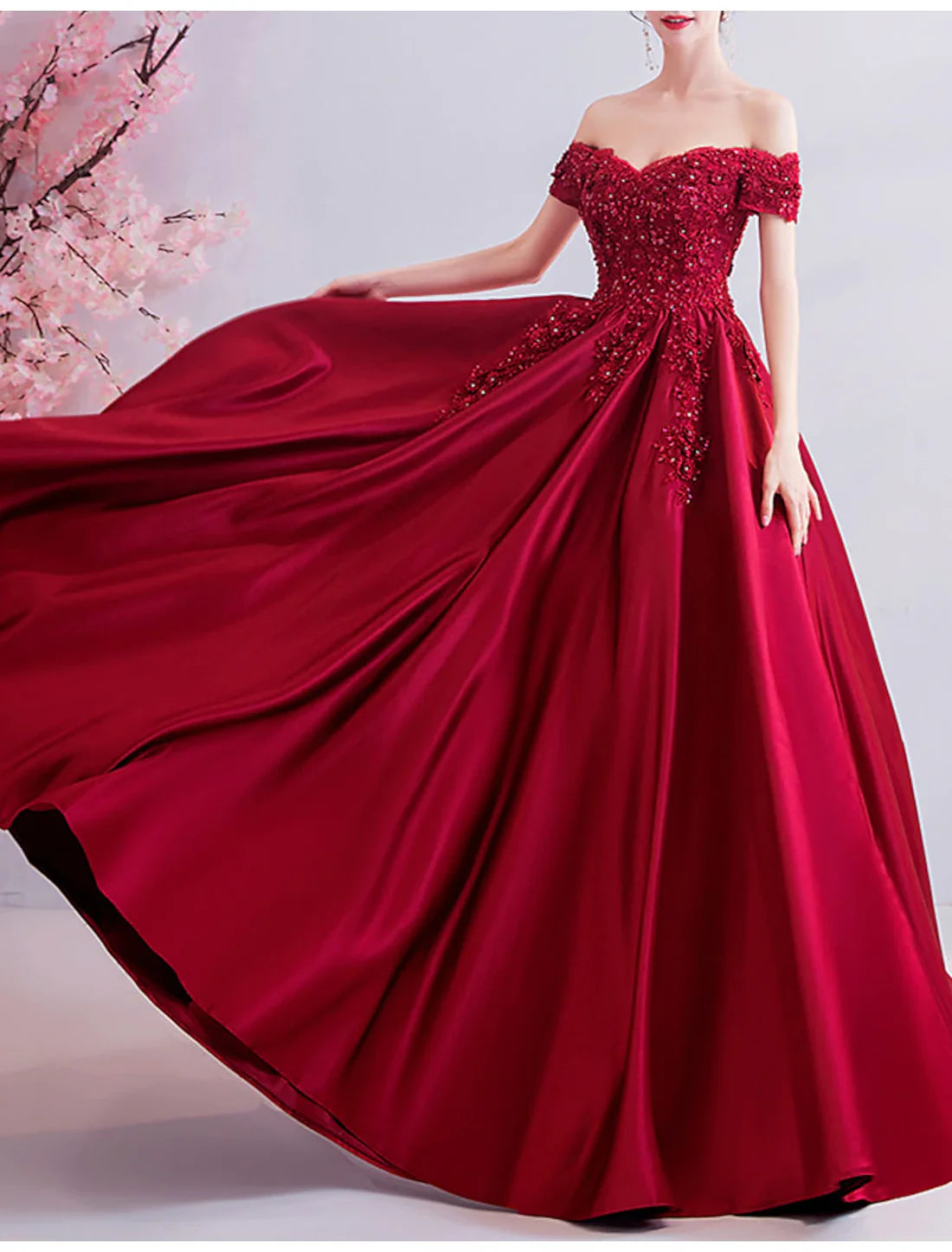 Luolandi A-Line Sexy Engagement Formal Evening Dress Off Shoulder Short Sleeve Sweep / Brush Train Lace with Pleats Beading Prom Dress