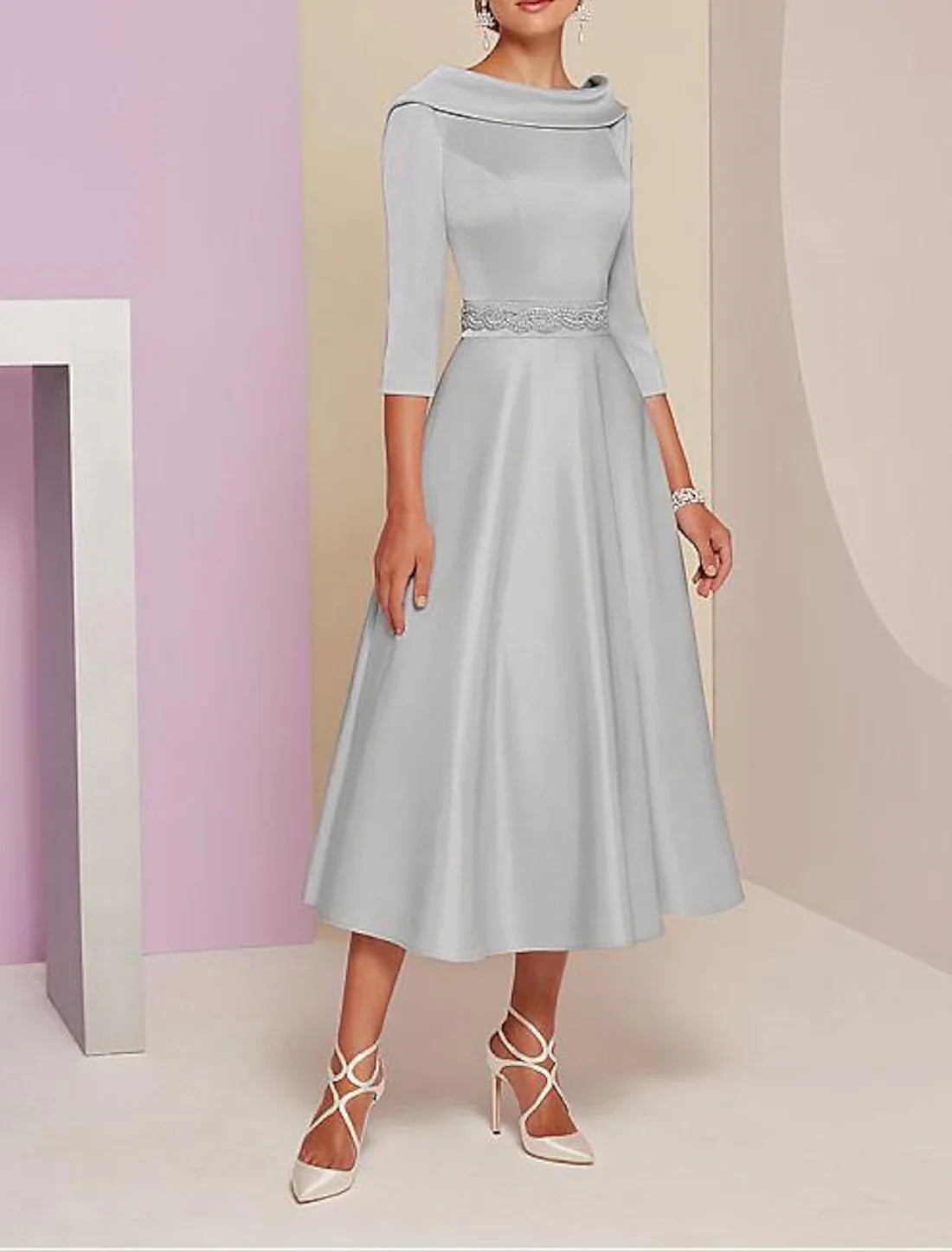 Luolandi A-Line Mother of the Bride Dress Wedding Guest Tea Length Satin 3/4 Length Sleeve with Beading Elegant