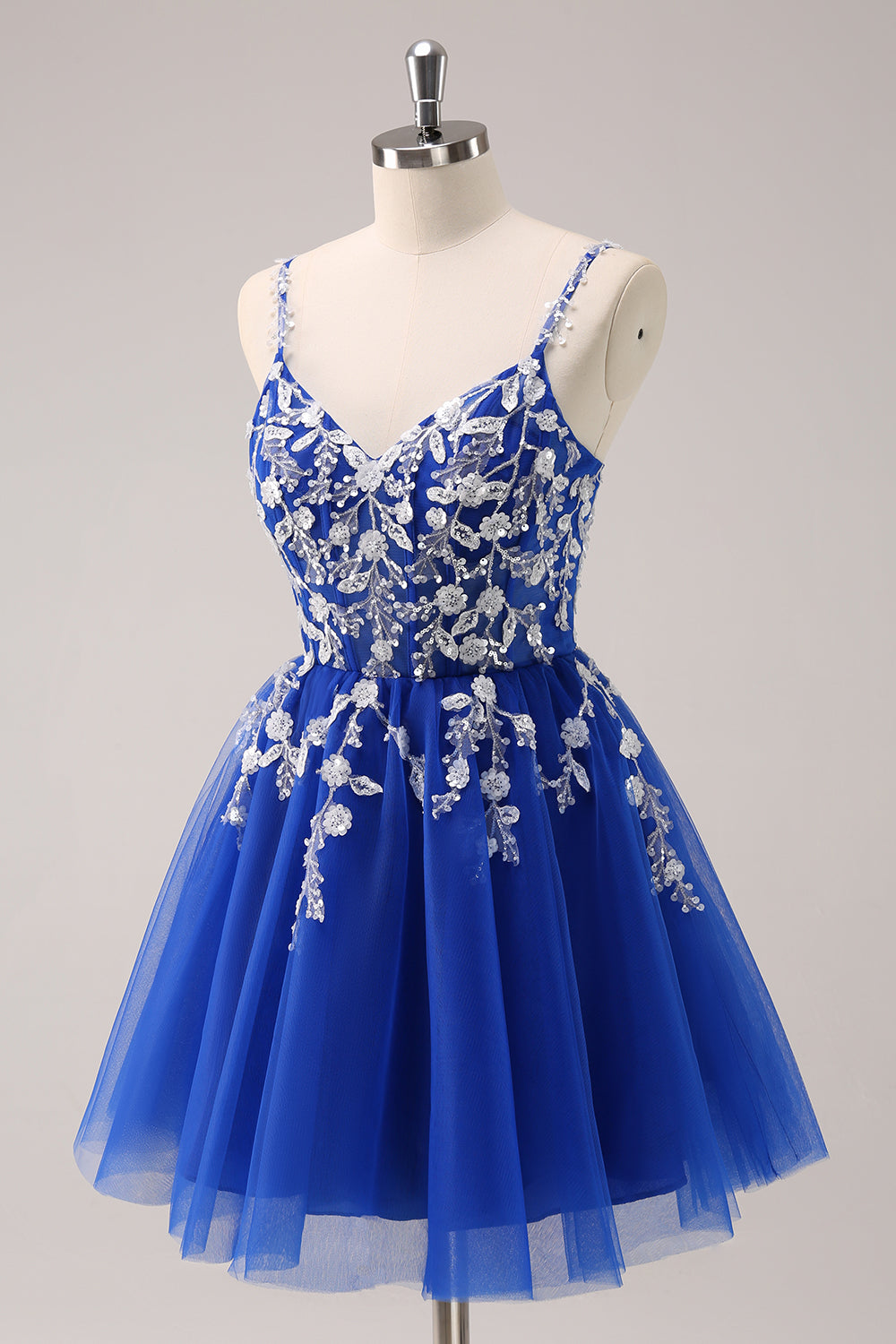 Luolandi Royal Blue A Line Spaghetti Straps Tulle Corset Sequins Homecoming Dress with Appliques Short