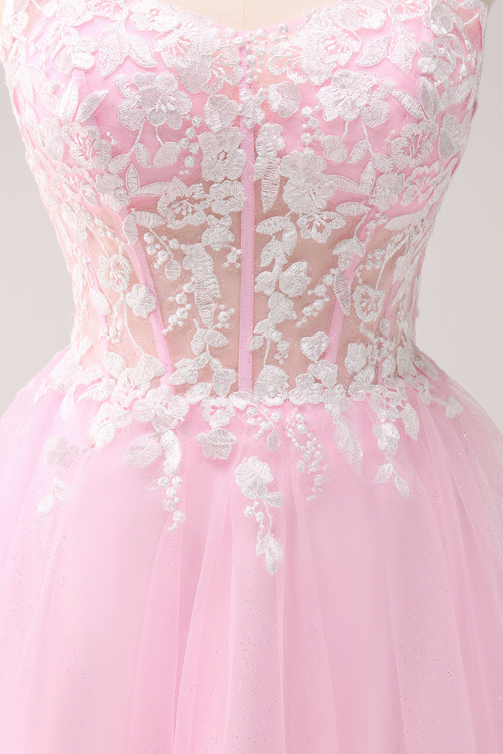 Luolandi Pink A Line Spaghetti Straps Tulle Corset Homecoming Dress with Appliques Short