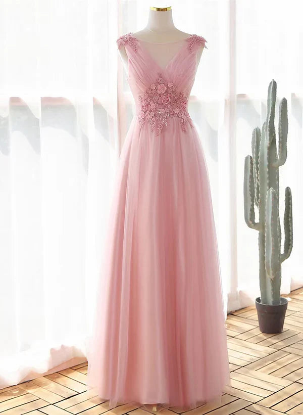 Luolandi A-Line Princess Pink Tulle V-neckline with Lace Long Party Dress Prom Dress with Appliques