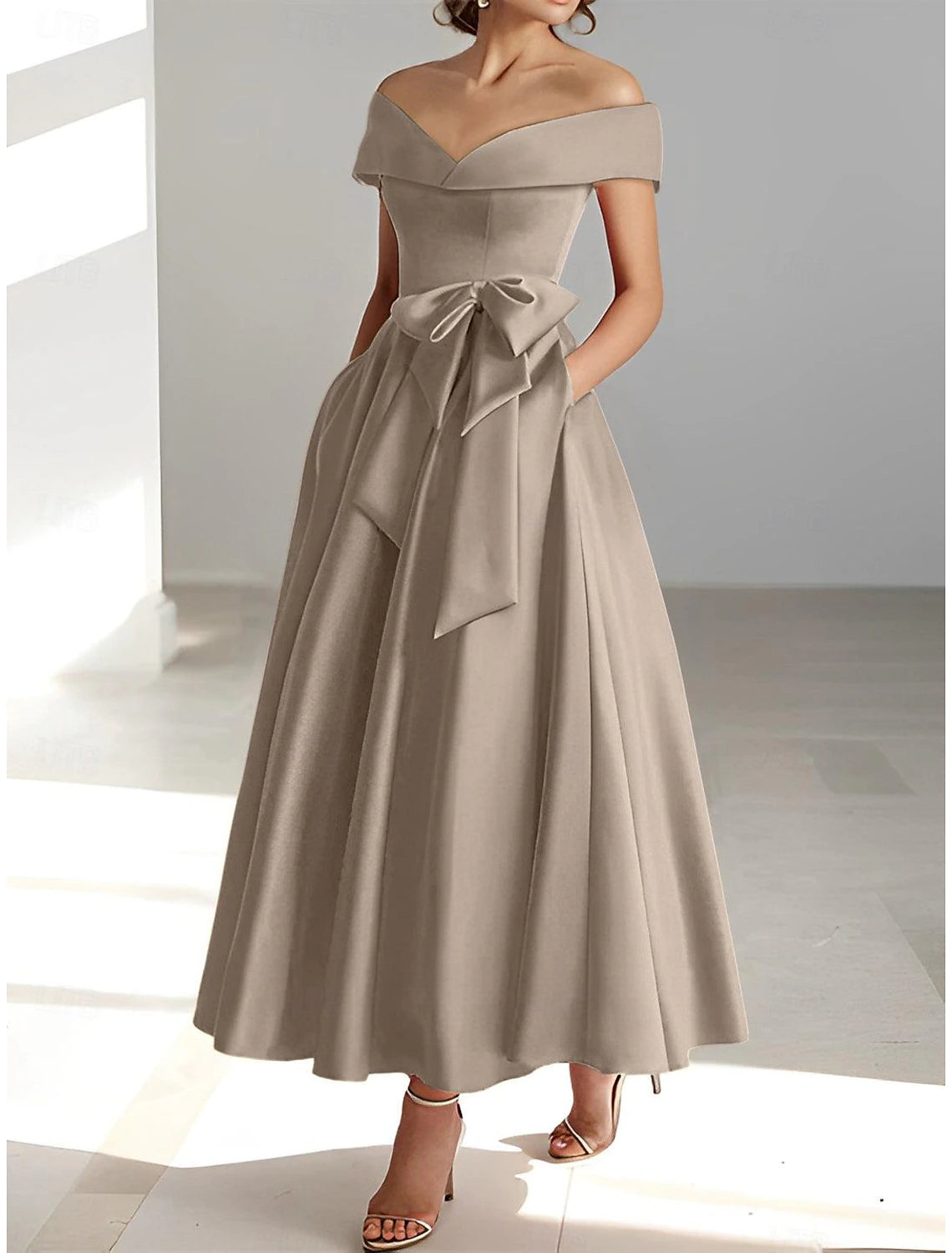 Luolandi A-Line Wedding Guest Dress Elegant Dress Semi-formal Dress Tea Length Short Sleeve Off Shoulder Pocket Satin with Bow(s) Evening Dress