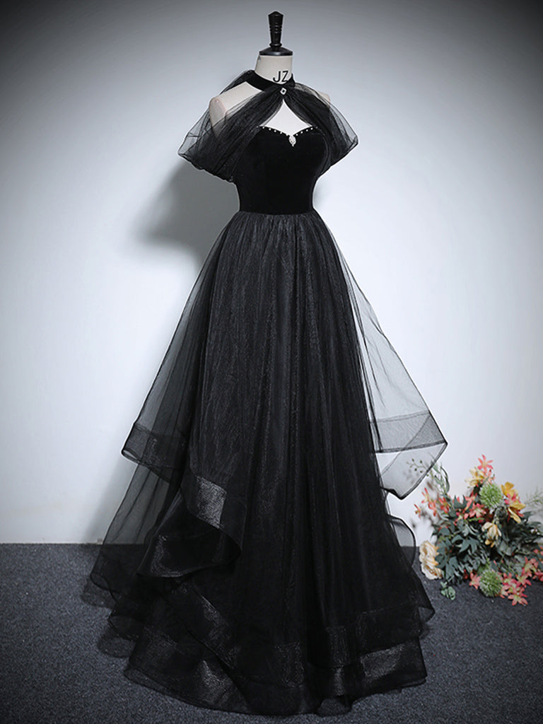 Luolandi Black A-Line Tulle Long Prom Dress Evening Dress Floor Length Elegant Formal Dress