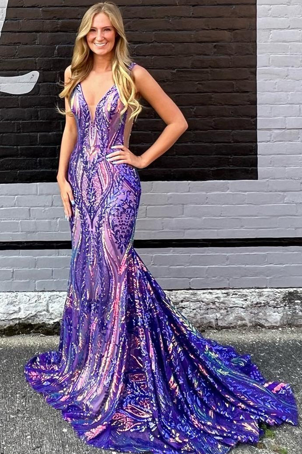 Luolandi Purple Mermaid V Neck Sequins Long Prom Dress Sparkly Sexy Evening Dress