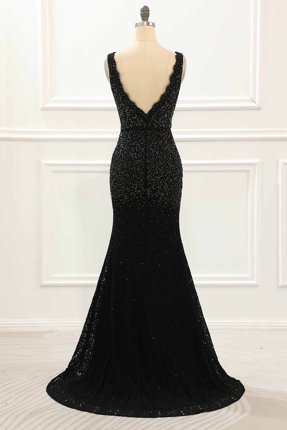 Luolandi Black Deep V Neck Lace Mermaid Prom Dress With Beading Sparkly Evening Dress