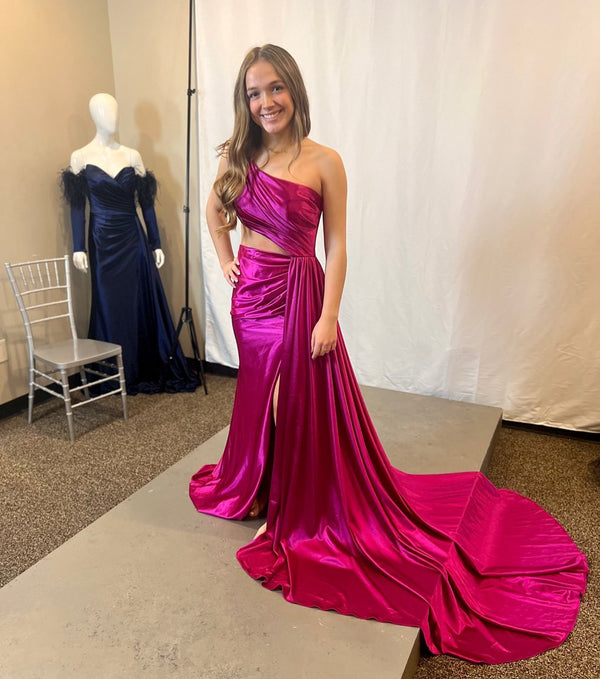 Luolandi Charming Mermaid One Shoulder Satin Prom Dresses with Slit Sexy Evening Dress Party Dress