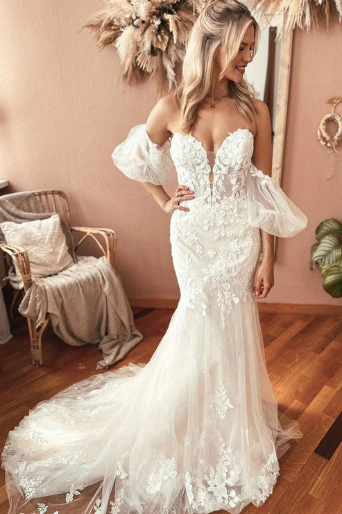 Luolandi Charming Mermaid Sweetheart Lace Wedding Dresses with Appliques Off Shoulder Beautiful
