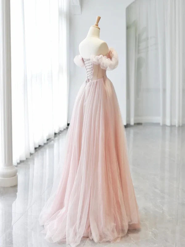 Luolandi A-Line Princess Sweetheart Neck Off Shoulder Tulle Pink Long Prom Dress Beautiful