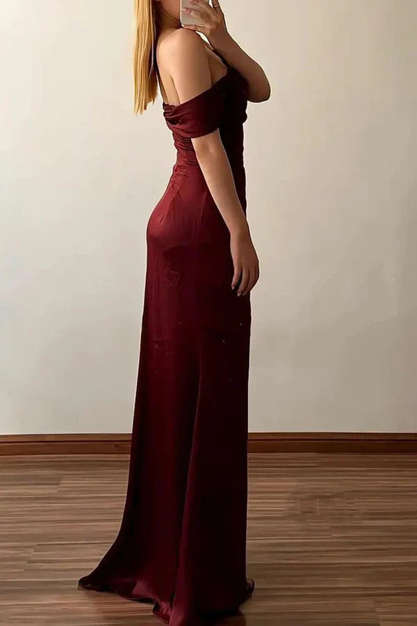 Luolandi Fitted off shoulder pleated side slit party prom dress Sexy Evening Dress