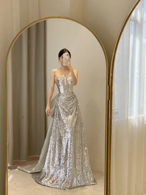 Luolandi Sliver Sequined Strapless A-Line Long Party Dress Birthday Dress Sparkly Evening Dress