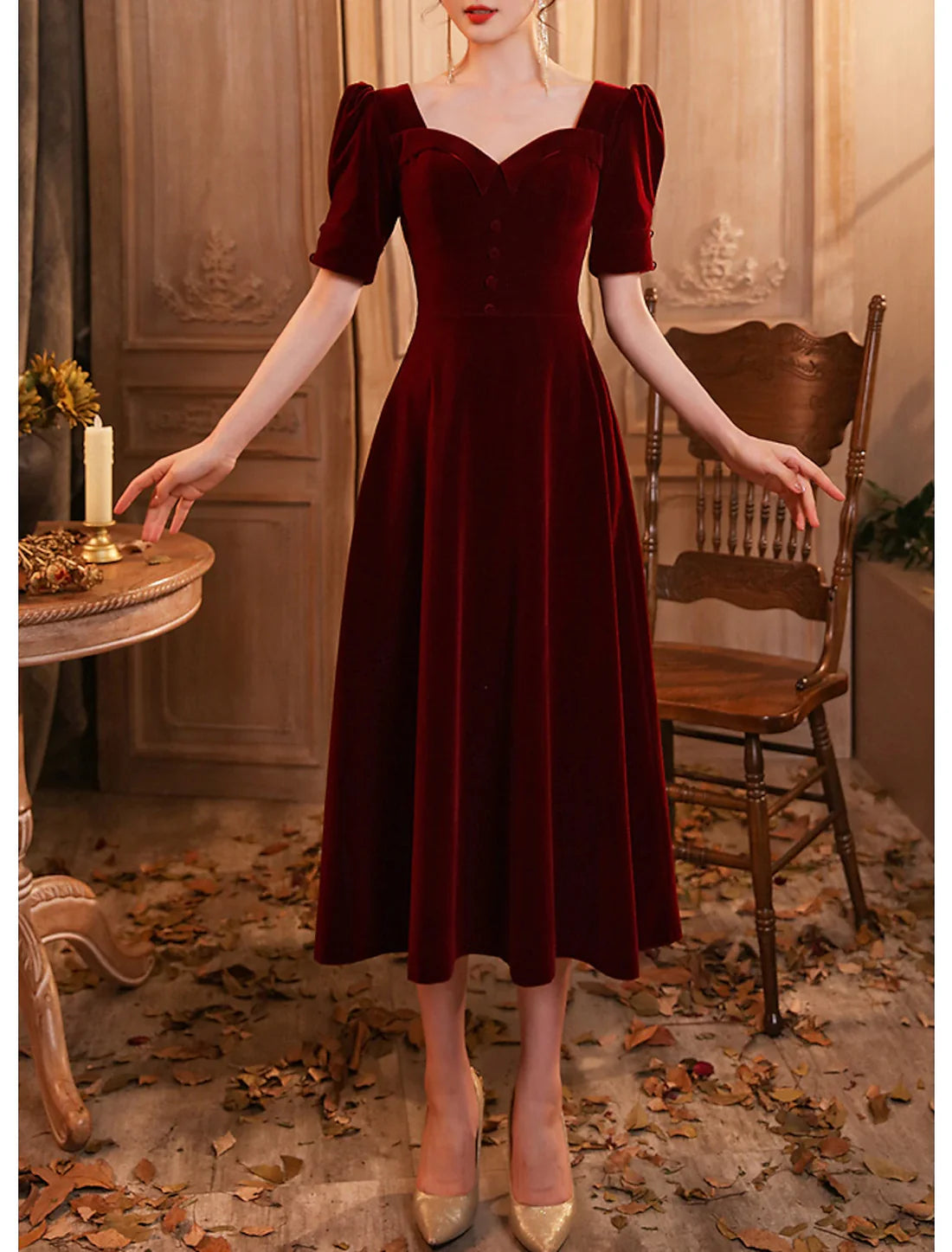 Luolandi A-Line Cocktail Dresses Elegant Dress Wedding Guest Homecoming Tea Length Half Sleeve Scoop Neck Velvet with Buttons Evening Dress
