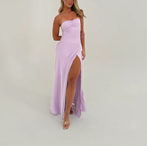 Luolandi Red A-Line Spaghetti Straps Long Prom Dress with Slit Yellow Formal Dress Simple Evening Party Dress