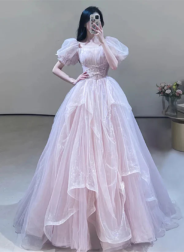 Luolandi A-Line Princess Pink Off Shoulder Tulle Beaded Sweetheart Bubble Sleeved Ballgown Evening Dress Prom Dress Floor Length