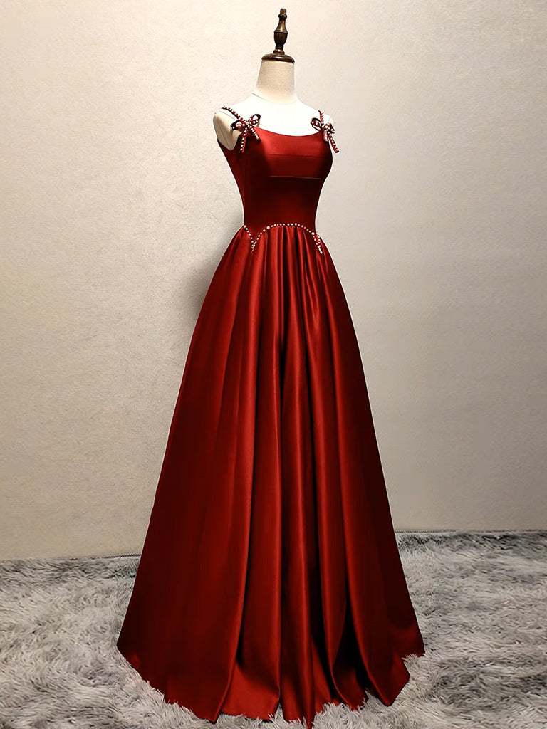 Luolandi A-Line Satin Burgundy Long Prom Dress Formal Dress Elegant Evening Dress With Bow(s)