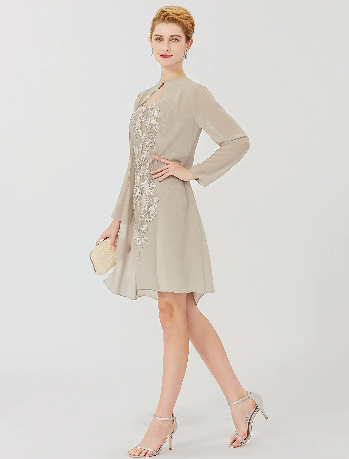 Luolandi Sheath / Column Mother of the Bride Dress Formal Classic & Timeless Elegant & Luxurious Convertible Dress Illusion Neck Knee Length Chiffon All Over Lace Long Sleeve with Appliques Beautiful