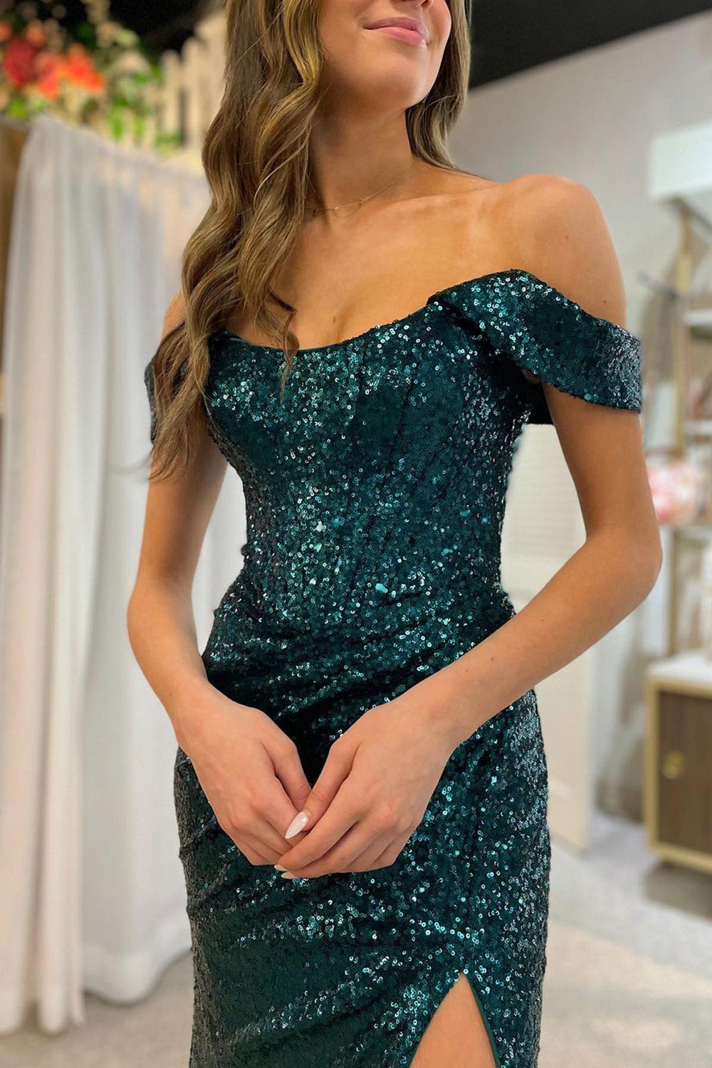 Luolandi Blue Off Shoulder Mermaid Prom Dress With Slit Sparkly Evening Dress