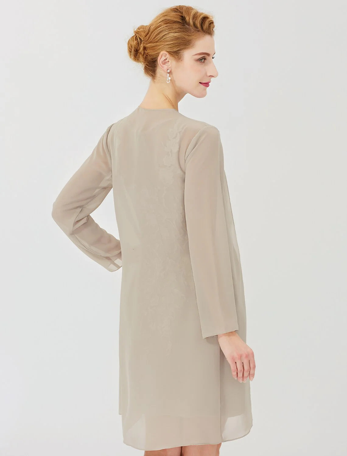 Luolandi Sheath / Column Mother of the Bride Dress Formal Classic & Timeless Elegant & Luxurious Convertible Dress Illusion Neck Knee Length Chiffon All Over Lace Long Sleeve with Appliques Beautiful