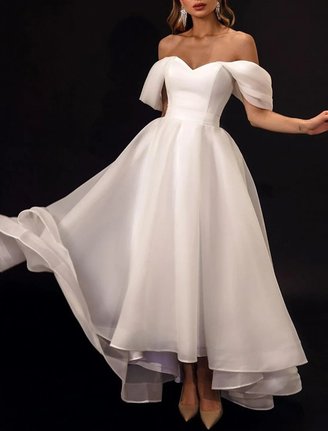 Luolandi Little Dresses Wedding Dresses A-Line Off Shoulder Cap Sleeve Asymmetrical Organza Bridal Gowns