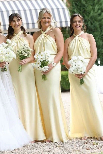 Luolandi Yellow Halter Sheath Long Bridesmaid Dress Elegant Evening Party Dress Formal Dress