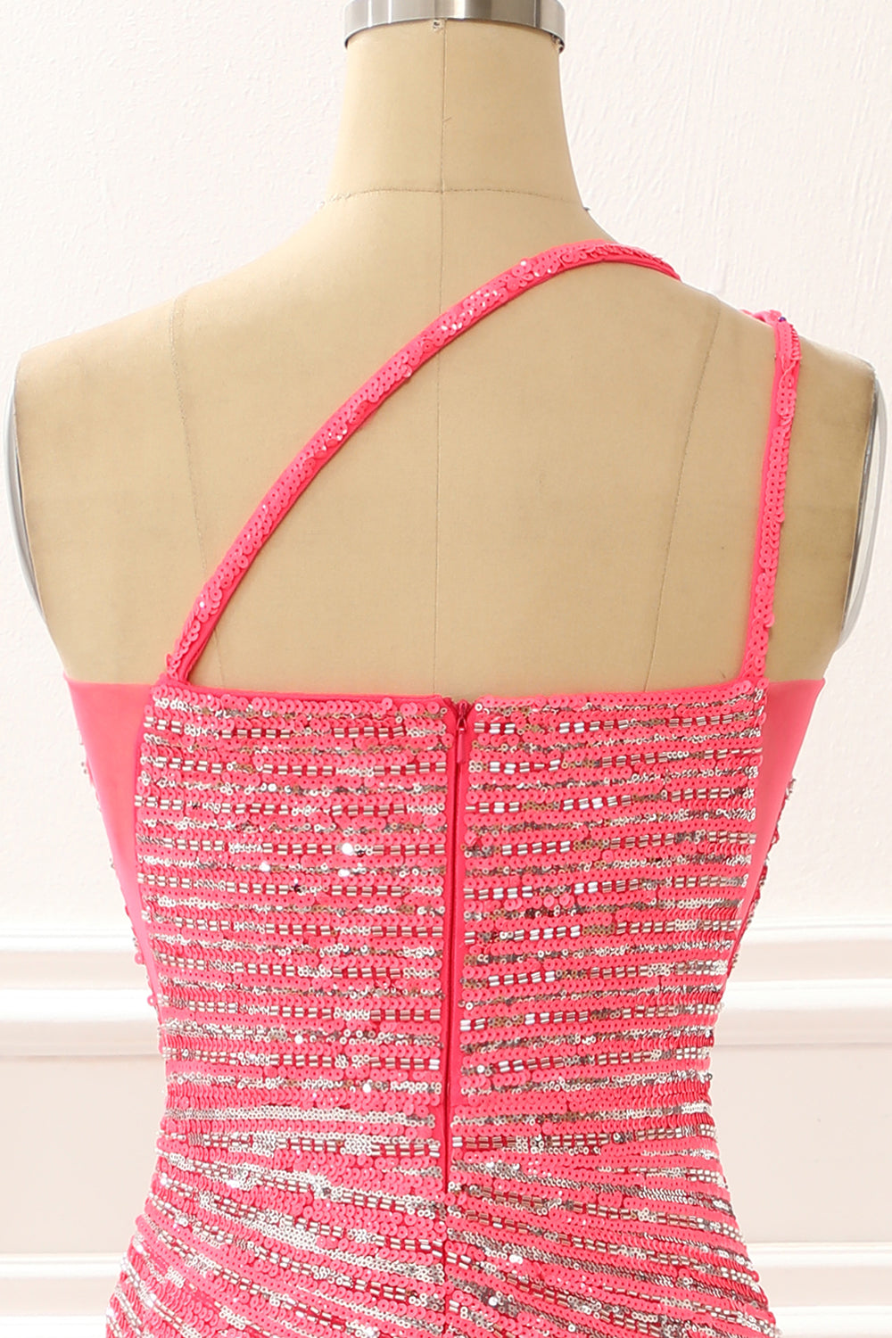 Luolandi One Shoulder Hot Pink Sparkly Long Prom Dress With Slit Evening Dress