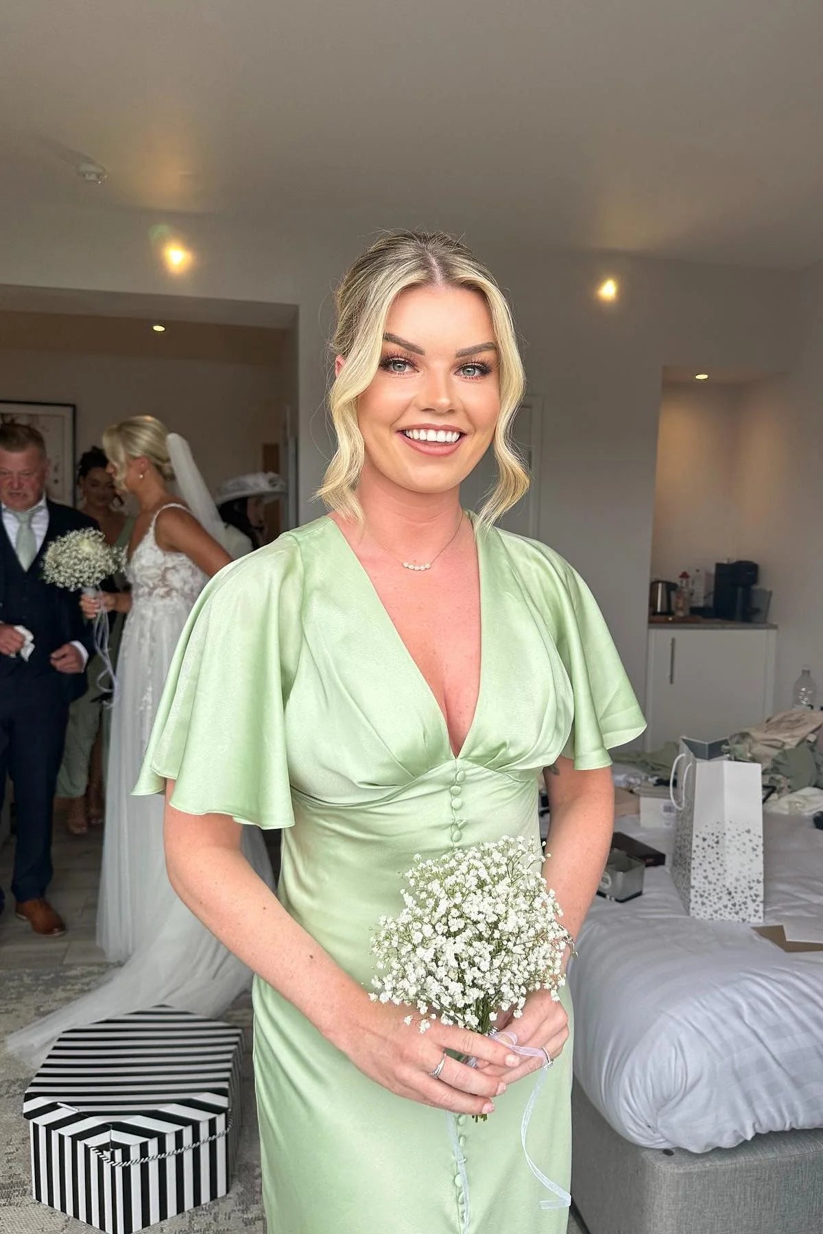 Luolandi Flare Sleeves Sage Green Bridesmaid Dress with Buttons Elegant Evening Party Dress