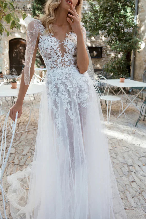 Luolandi A Line V neck Lace Appliques Boho Wedding Dress With Slit Beautiful