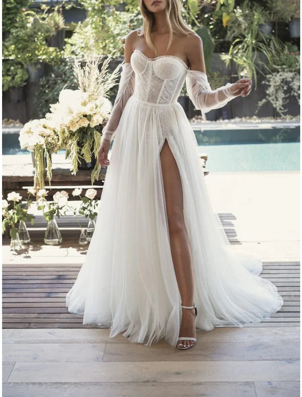 Luolandi Beach Sexy Wedding Dresses A-Line Sweetheart Strapless Court Train Lace Bridal Gowns With Pleats Split