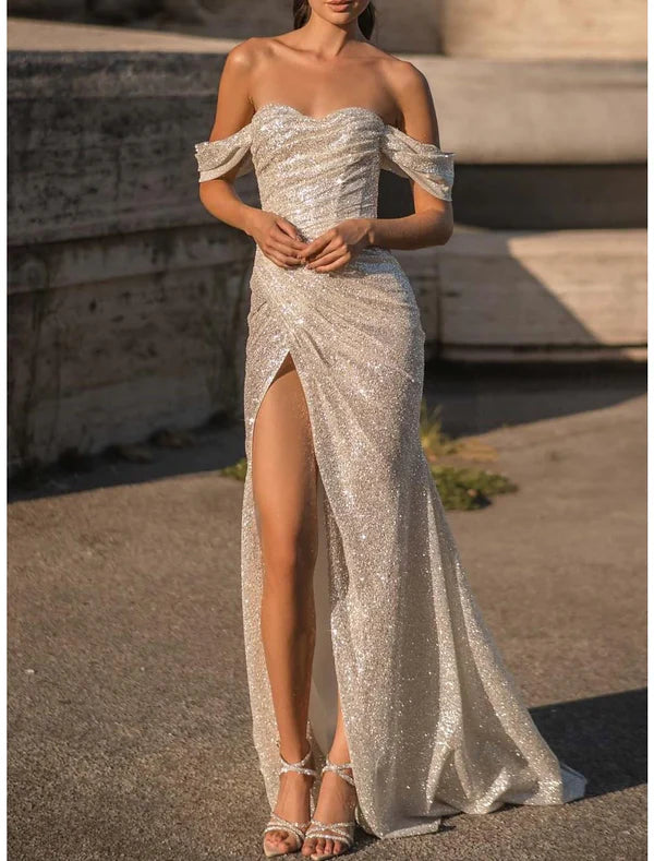 Luolandi Wedding Dresses A-Line Off Shoulder Sleeveless Sweep / Brush Train Sequined Bridal Gowns With Pleats Sparkly Evening Dress
