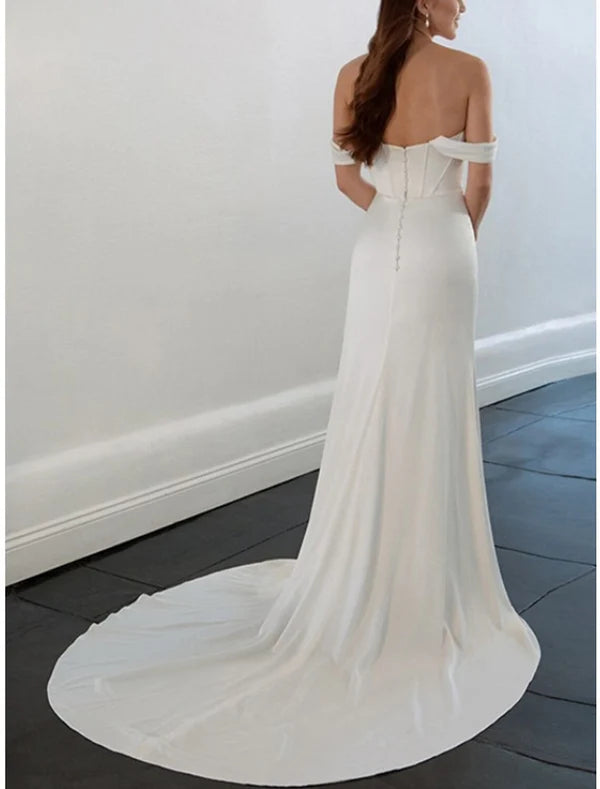 Luolandi Reception Casual Wedding Dresses Sheath / Column Off Shoulder Short Sleeve Court Train Charmeuse Bridal Gowns With Pleats Split