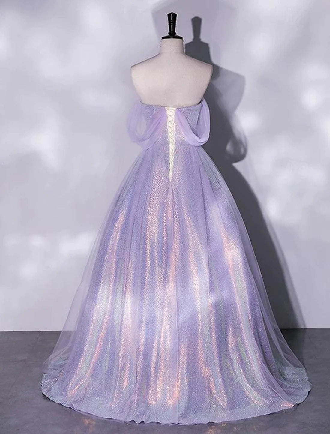 Luolandi A-Line Prom Dresses Glittering Dress Quinceanera Birthday Floor Length Short Sleeve Off Shoulder Tulle with Ruched Sparkly