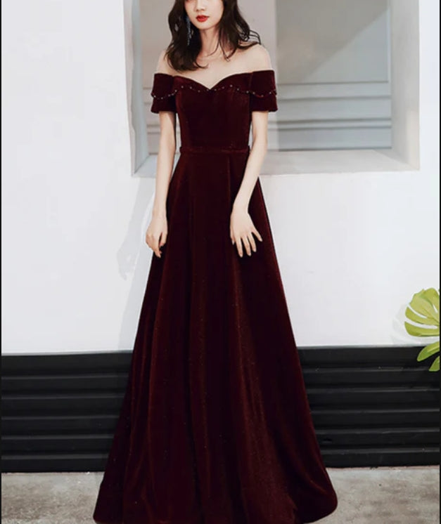Luolandi Wine Red Velvet Long A-line Bridesmaid Dress Prom Dresses Off Shoulder Elegant Evening Dress