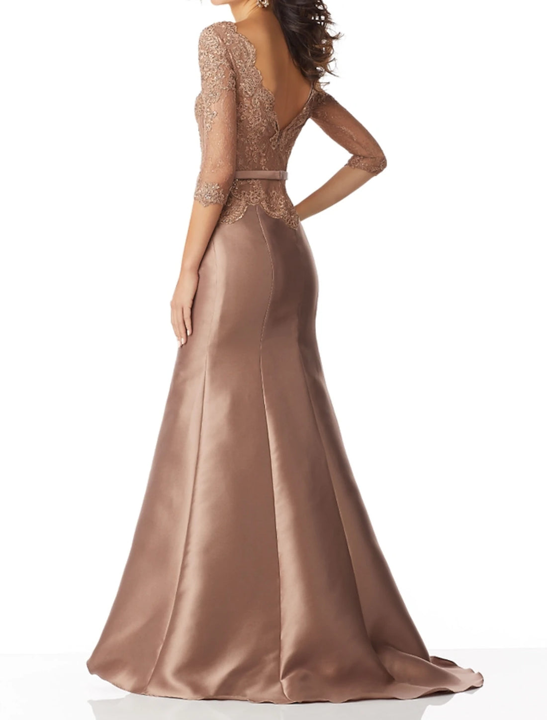 Luolandi Mermaid / Trumpet Mother of the Bride Dress Elegant V Neck Sweep / Brush Train Satin Lace 3/4 Length Sleeve with Bow(s)