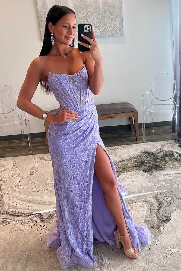 Luolandi Strapless Lace Ruched Mermaid Prom Dress with Slit Sexy Evening Dress