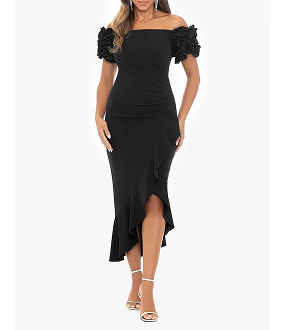 Luolandi 3D Ruffle Off-the-Shoulder Ruffle Front Ruched Detail Midi Dress Cocktail Dresses Party Dress