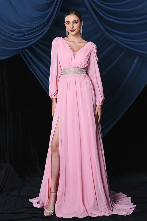Luolandi Pink Chiffon Long Sleeves Formal Prom Dress With Slit Evening Dress