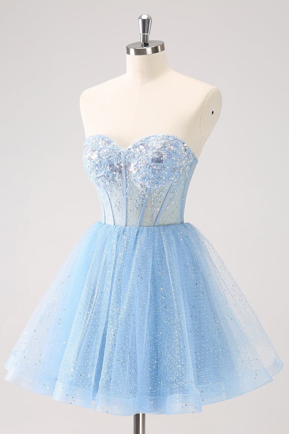 Luolandi Light Blue A Line Sweetheat Corset Tulle Homecoming Dress With Sequins Sparkly Party Dress