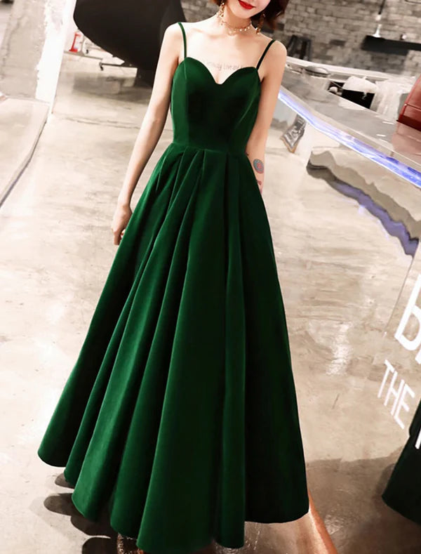 Luolandi A-Line Prom Dresses Beautiful Back Dress Wedding Guest Prom Ankle Length Sleeveless Spaghetti Strap Velvet with Sleek Pleats Evening Dress