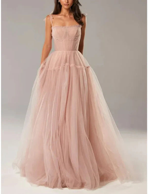 Luolandi A-Line Evening Gown Elegant Dress Formal Floor Length Sleeveless Spaghetti Strap Tulle with Bow(s) Pleats Prom Dress